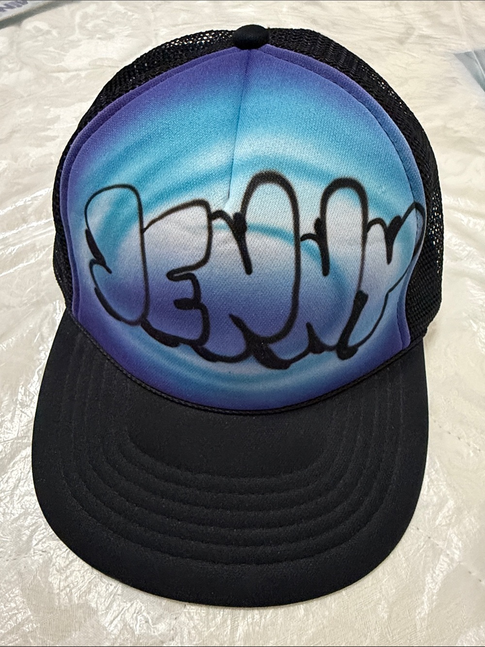 Black Trucker Hat with Blue-Purple Airbrush Front